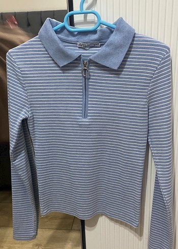 Mavi Çizgili Fermuarlı Kadın Sweatshirt - Görsel 4