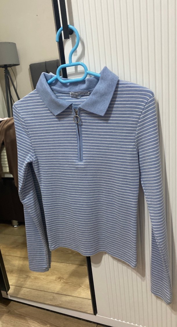 Mavi Çizgili Fermuarlı Kadın Sweatshirt - Görsel 3