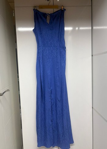 Mavi Saten Uzun V Yakalı Salaş Elbise - Görsel 4