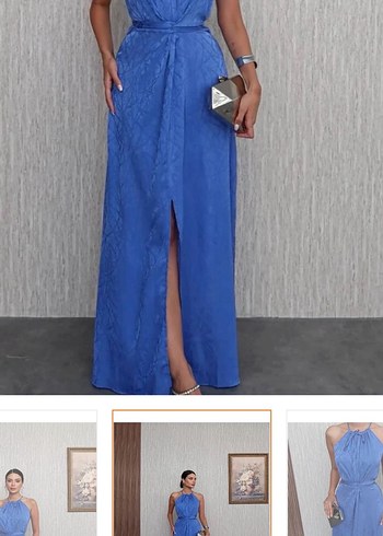 Mavi Saten Uzun V Yakalı Salaş Elbise - Görsel 2