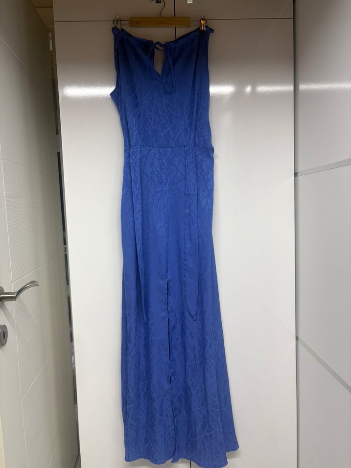 Mavi Saten Uzun V Yakalı Salaş Elbise - Görsel 4