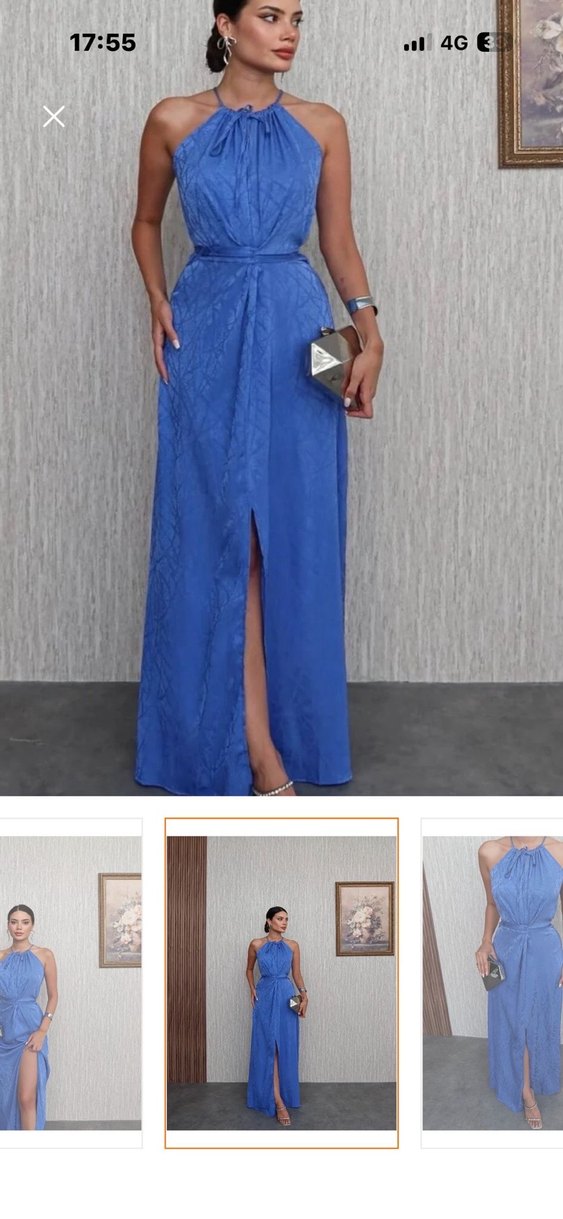 Mavi Saten Uzun V Yakalı Salaş Elbise - Görsel 2