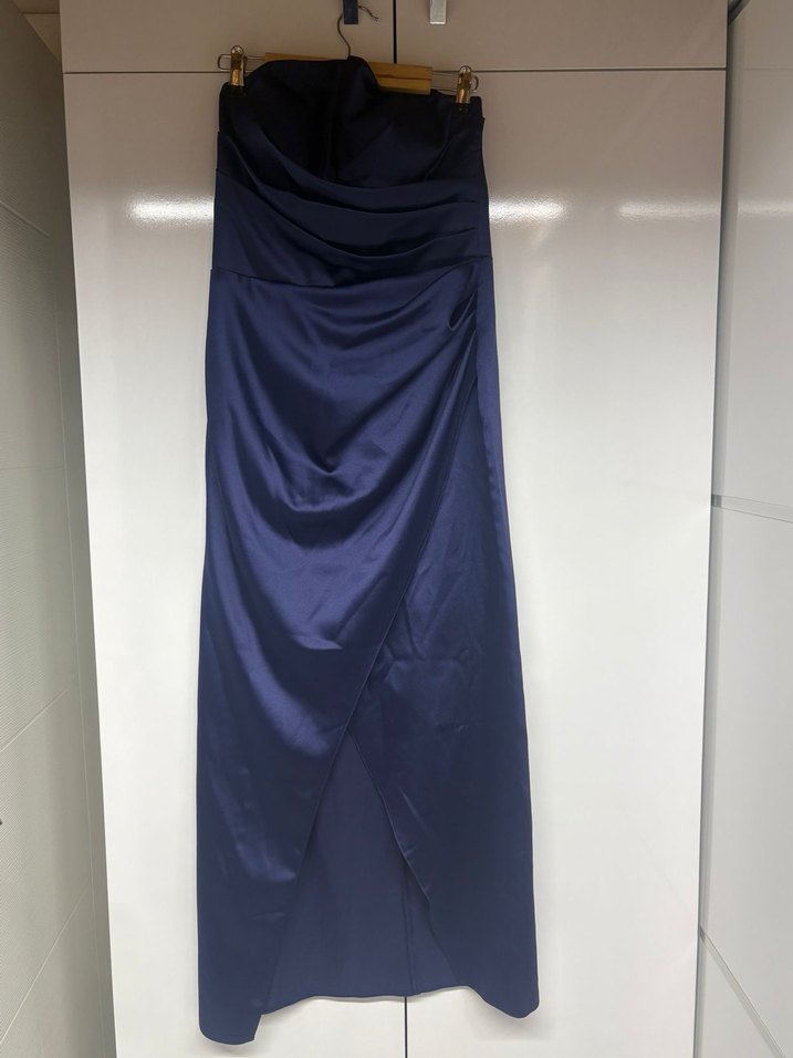 Lacivert Drapeli Uzun Straplez Abiye Elbise - Görsel 2