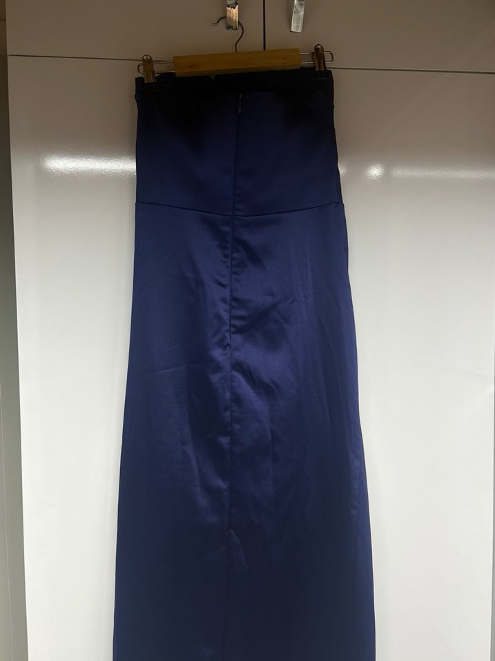 Lacivert Drapeli Uzun Straplez Abiye Elbise - Görsel 3