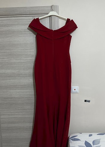 l Beden Bordo Drapeli V Yakalı Uzun Abiye Elbise