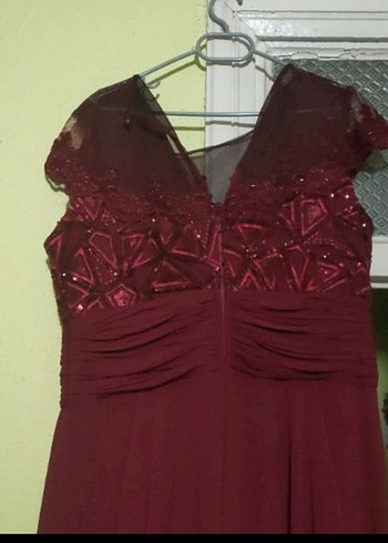 Bordo Uzun Drapeli V Yakalı Abiye Elbise - Görsel 3