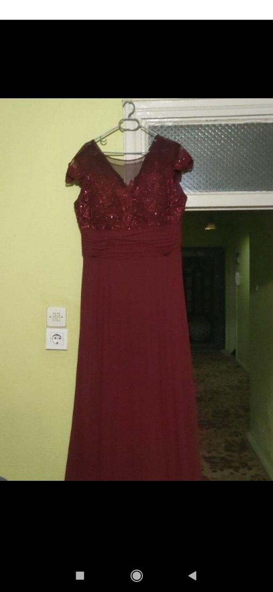 Bordo Uzun Drapeli V Yakalı Abiye Elbise - Görsel 2