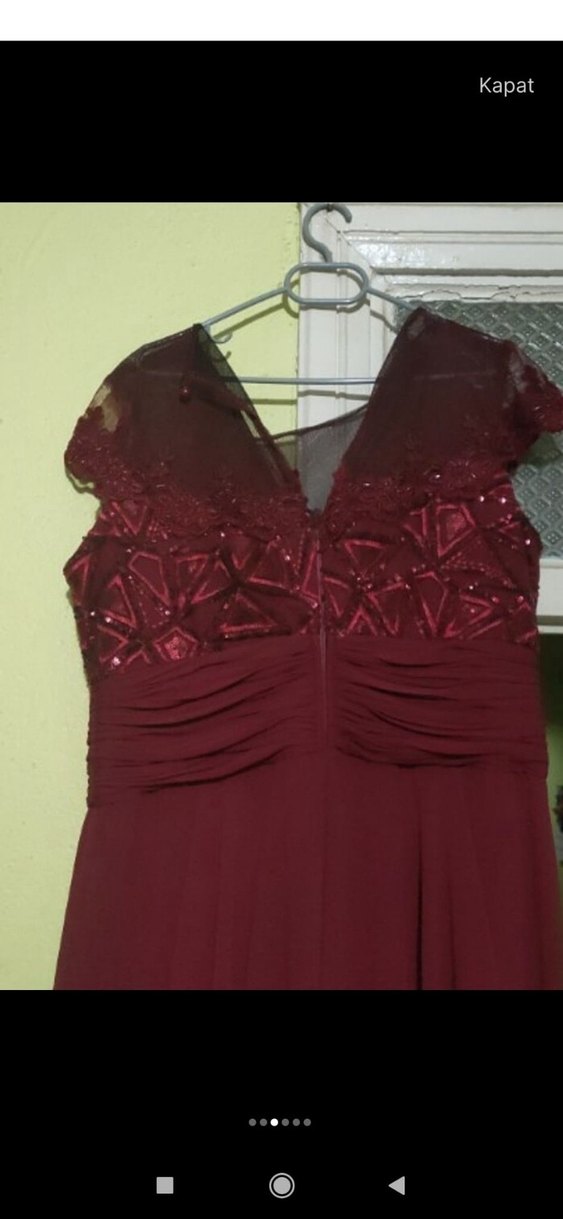 Bordo Uzun Drapeli V Yakalı Abiye Elbise - Görsel 3