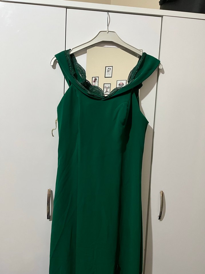 Klasik Yeşil Drapeli Uzun Abiye Elbise - Görsel 2