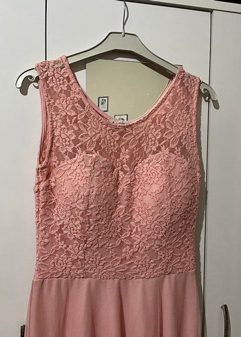 Pembe Dantel Detaylı Uzun Abiye Elbise - Görsel 2