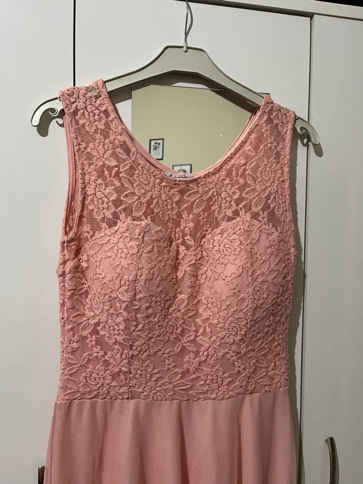 Pembe Dantel Detaylı Uzun Abiye Elbise - Görsel 2