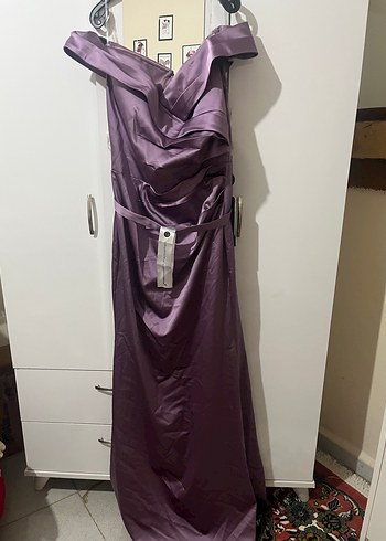 Mor Straplez Midi Drapeli Abiye Elbise - Görsel 2