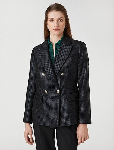 Siyah Kruvaze Parlak Tüvit kumaş blazer