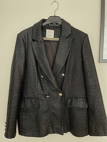 Koton Siyah Kruvaze Parlak Tüvit kumaş blazer