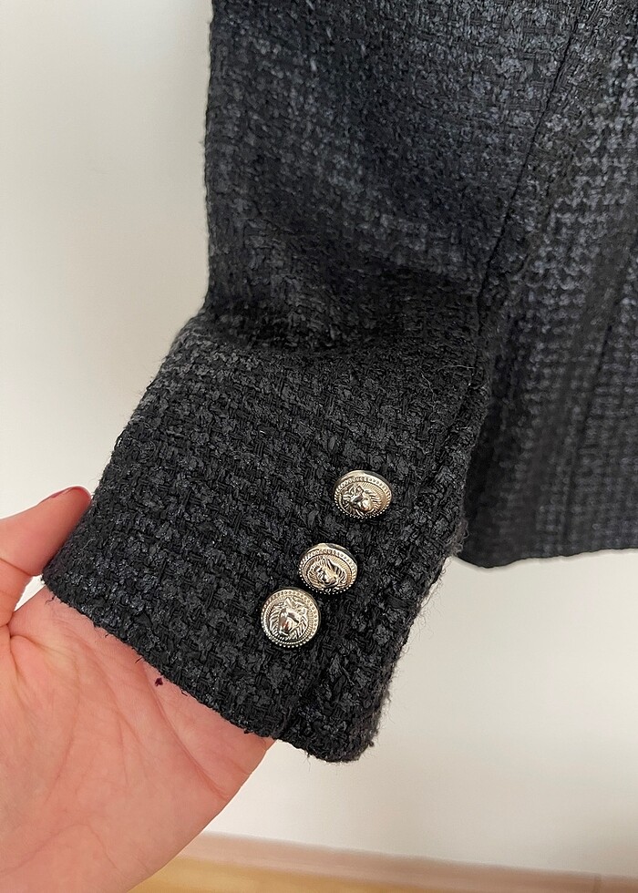 Siyah Kruvaze Parlak Tüvit kumaş blazer - Görsel 5