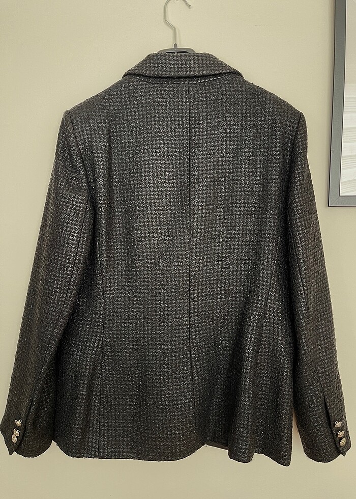 Siyah Kruvaze Parlak Tüvit kumaş blazer - Görsel 4