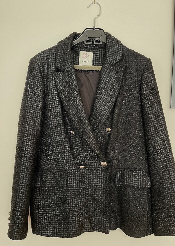 Siyah Kruvaze Parlak Tüvit kumaş blazer - Görsel 2