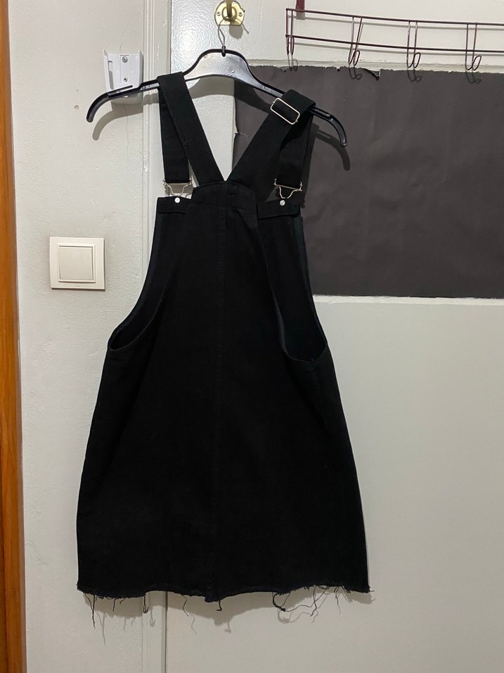 Siyah Kemerli Kadın Midi Denim Salopet - Görsel 2