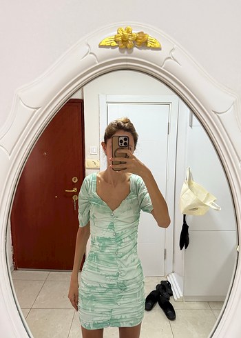 xs Beden V Yaka Yeşil Mini Elbise