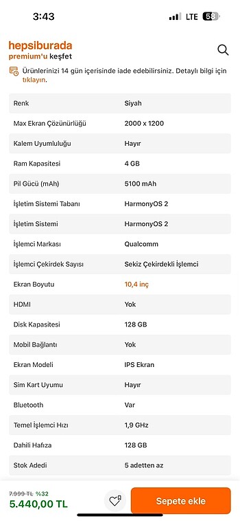 Diğer HUWAİ MATEPAD SE 128 GB 10.4 TABLET
