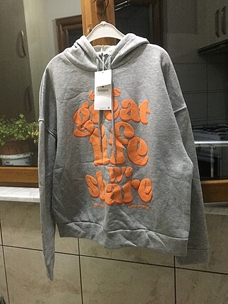 Gri önü baskılı kapüşonlu oversize sweatshirt