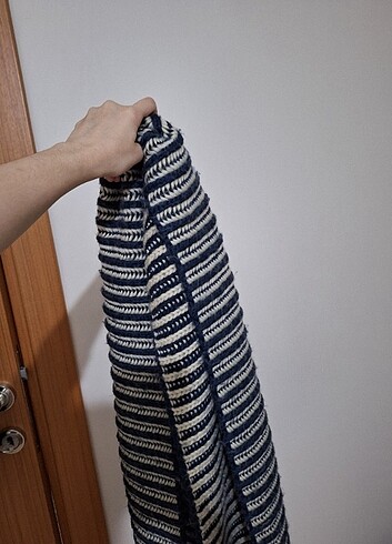 Lacivert krem çizgili atkı - Görsel 4