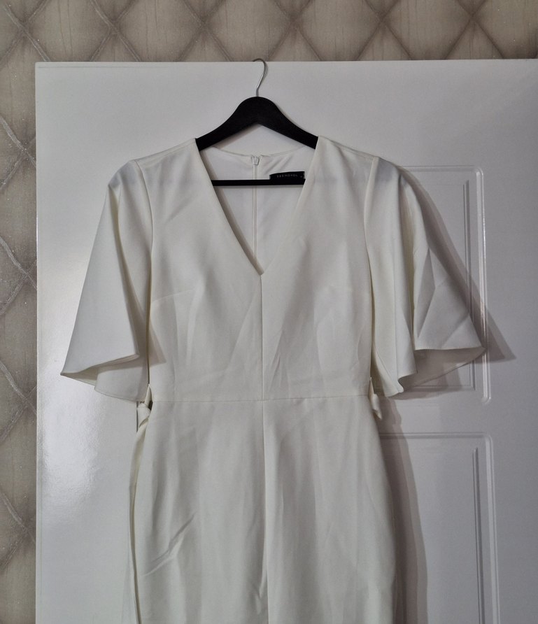 Kemerli Beyaz Midi V Yaka Elbise - Görsel 2