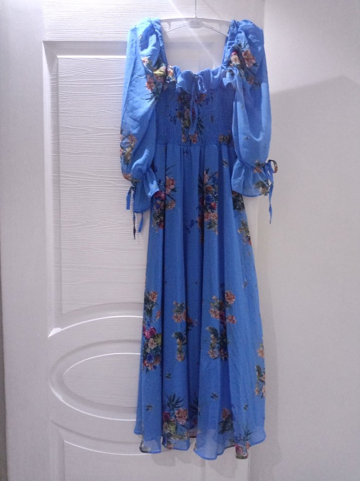 Mavi Bağlamalı Uzun Hamile Elbisesi - Görsel 4