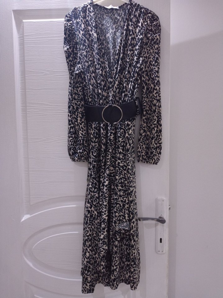 Gri Zebra Desenli Kadın Uzun Elbise - Görsel 3