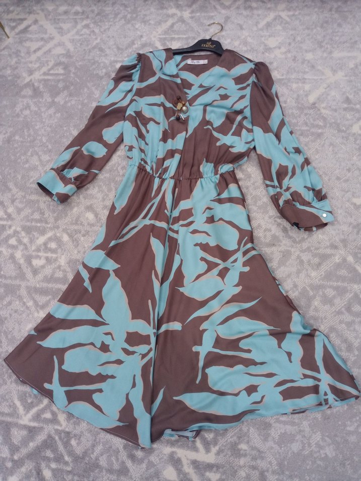 Uzun Bağlama Desenli Kahverengi Elbise - Görsel 2