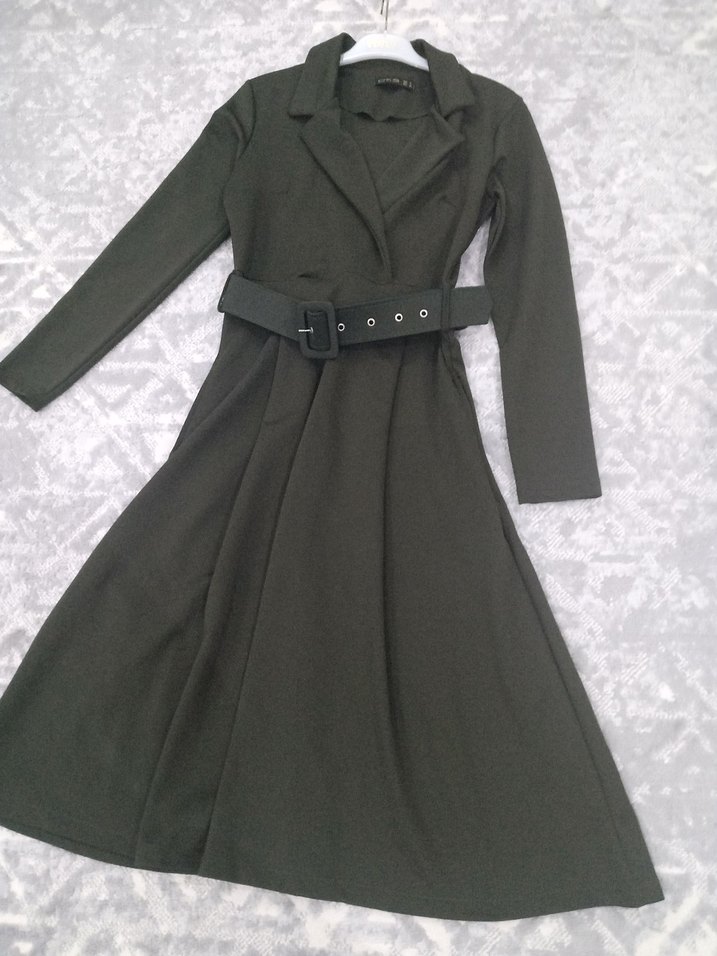 Gri Kadın Uzun Kemerli Ofis Elbisesi - Görsel 2