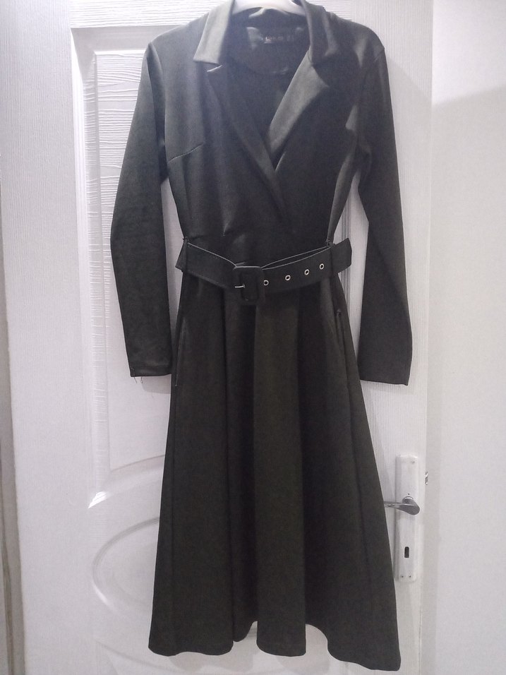 Gri Kadın Uzun Kemerli Ofis Elbisesi - Görsel 3