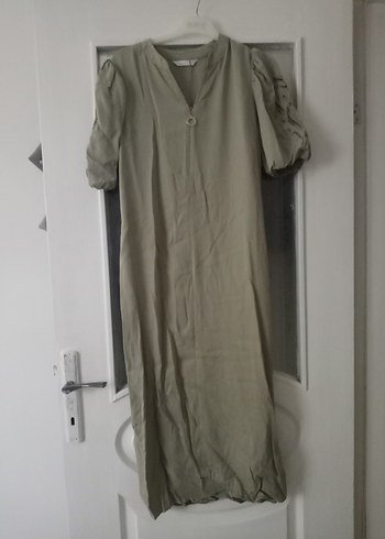 s Beden gri Renk Gri V Yaka Düğmeli Uzun Kadın Elbisesi