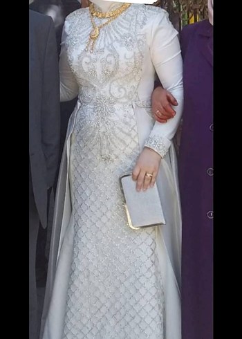 Uzun Kollu Payetli Beyaz abiye Elbise - Görsel 2