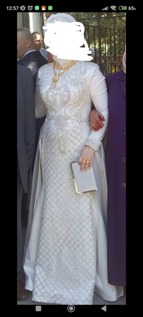 Uzun Kollu Payetli Beyaz abiye Elbise - Görsel 2