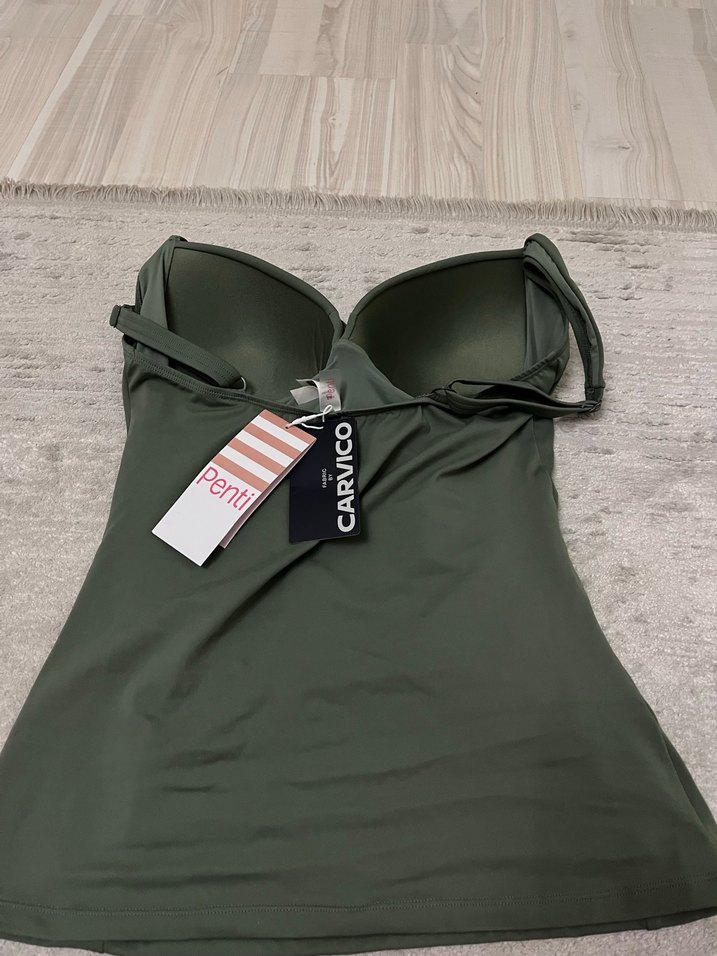 Drapeli Kolsuz Kadın takini üst, Haki Renk - Görsel 2