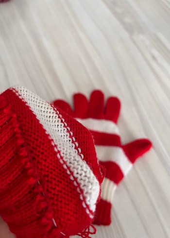 Kız Çocuk Çizgili Kırmızı Örme Eldiven - Görsel 3