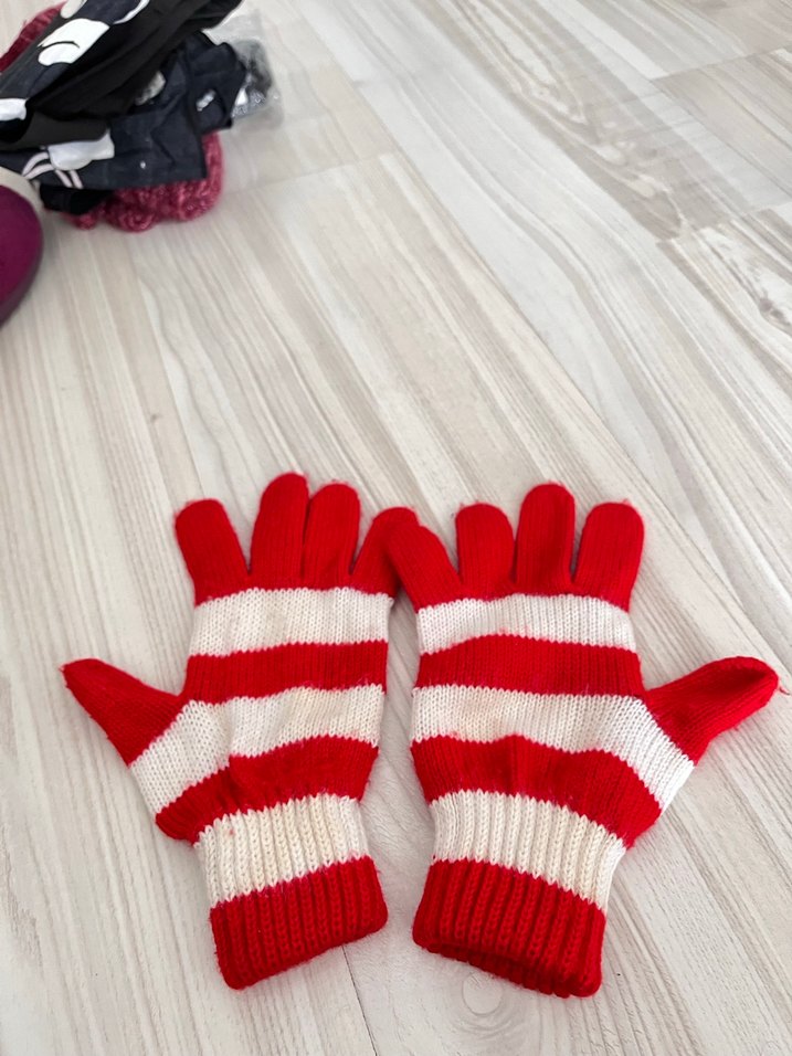 Kız Çocuk Çizgili Kırmızı Örme Eldiven - Görsel 2
