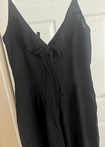 Kadın Siyah Keten V Yakalı Uzun Tulum - Görsel 2