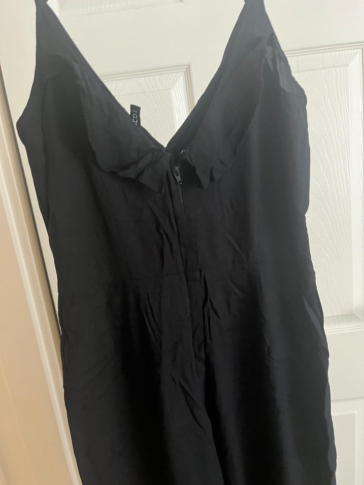 Kadın Siyah Keten V Yakalı Uzun Tulum - Görsel 2