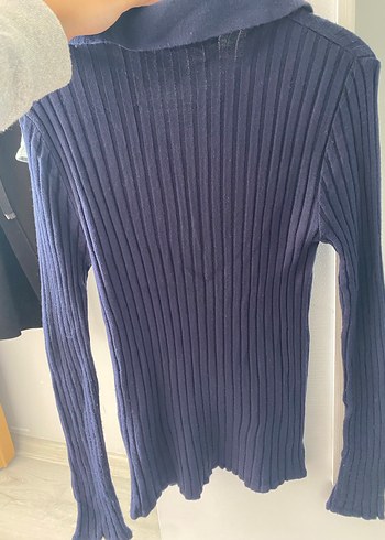 Lacivert Fitilli Örgü Uzun Kollu Kazak - Görsel 4