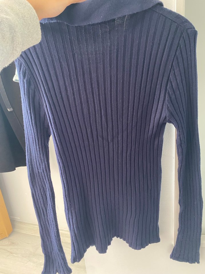 Lacivert Fitilli Örgü Uzun Kollu Kazak - Görsel 4