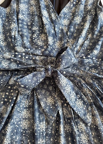 V Yaka Kemerli A Kesim Mavi Bohem Mini Elbise - Görsel 4