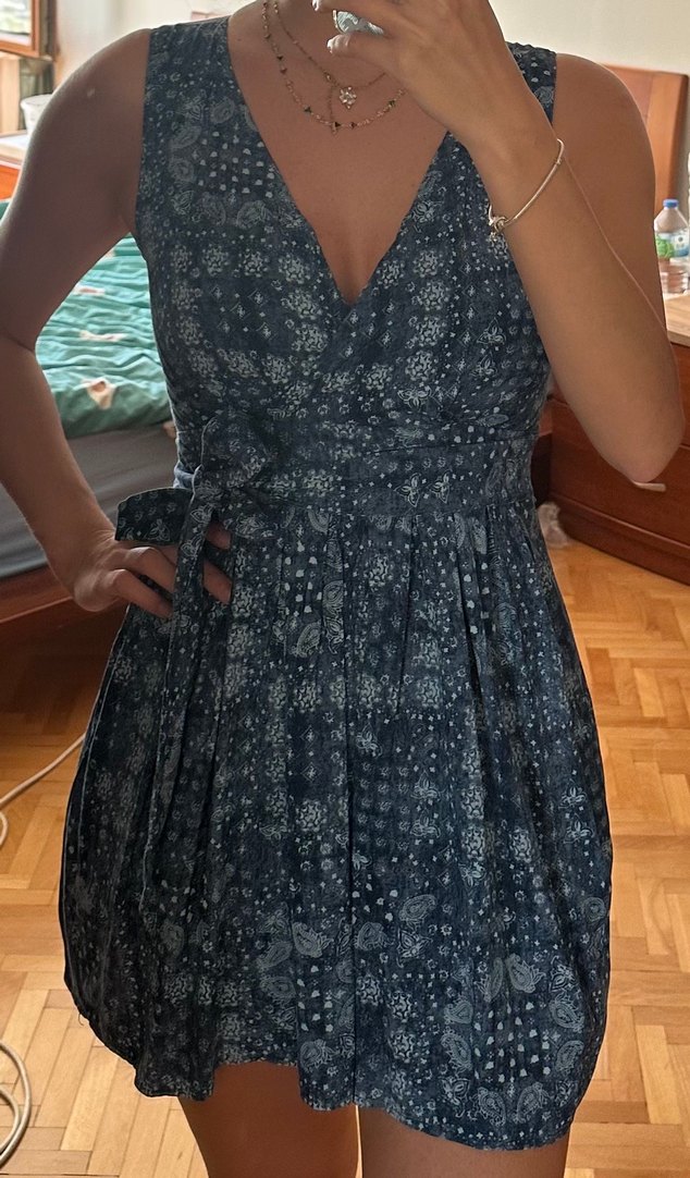 V Yaka Kemerli A Kesim Mavi Bohem Mini Elbise - Görsel 2