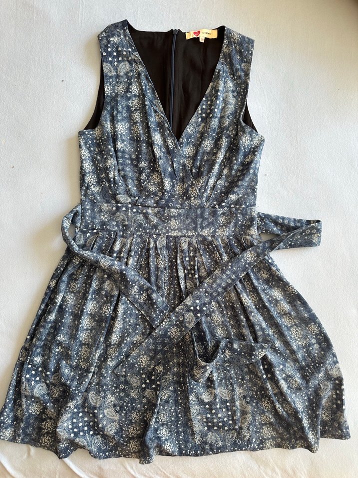 V Yaka Kemerli A Kesim Mavi Bohem Mini Elbise - Görsel 3