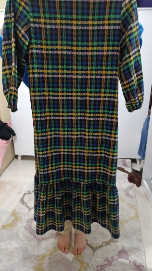 Uzun Ekose Desenli Kadın Elbise - Görsel 3