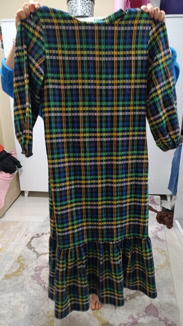 Uzun Ekose Desenli Kadın Elbise - Görsel 2