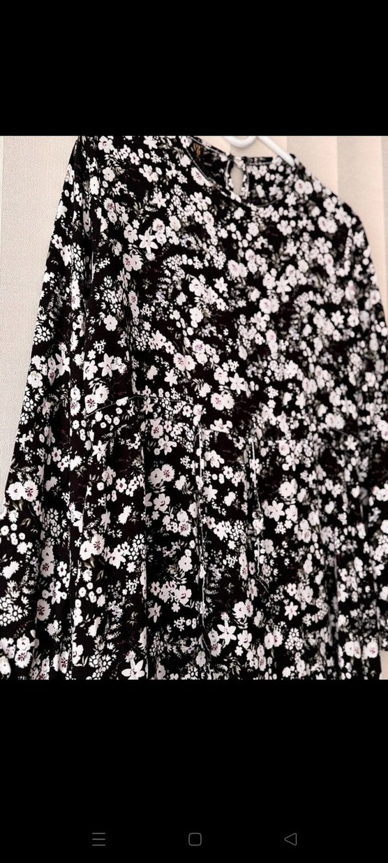 Siyah Çiçek Desenli Uzun Salaş Elbise - Görsel 3