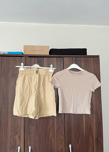 Bej Mini Keten Şort ikili