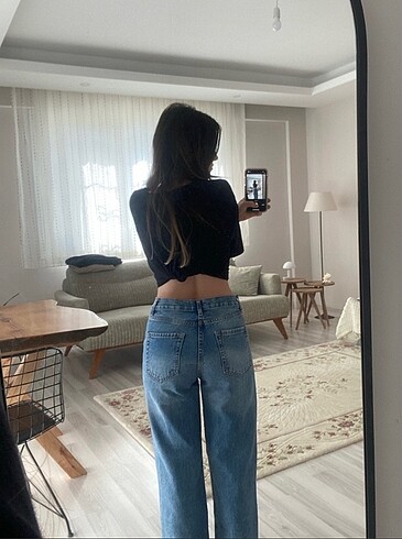 36 Beden mavi Renk STRADİVARİUS D96 STRAİGHT CROP JEAN